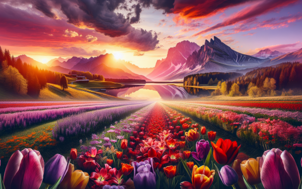 HD desktop wallpaper of a vibrant tulip field with a stunning sunset and mountain backdrop.