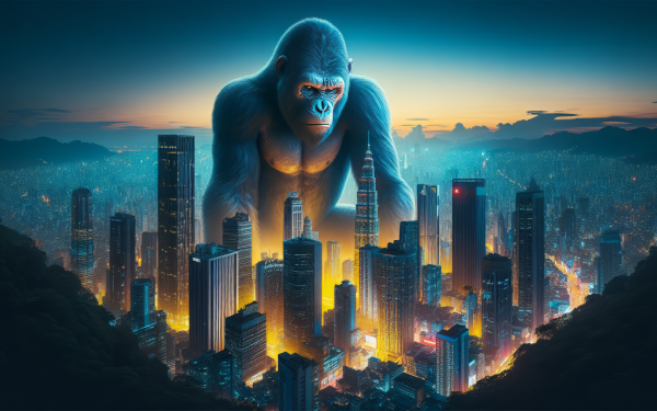 HD King Kong wallpaper featuring the iconic giant ape towering over a city skyline at dusk, perfect for desktop background.