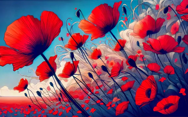 HD wallpaper featuring vibrant poppy flowers with a blue sky background for desktop.