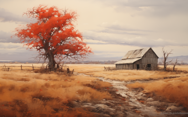 HD desktop wallpaper of an idyllic rustic scene with an old barn beside a vibrant red tree in an autumn field.