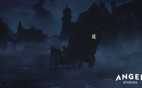 HD wallpaper of a mysterious horse-drawn carriage at night, inspired by The Wingfeather Saga, presented by Angel Studios.
