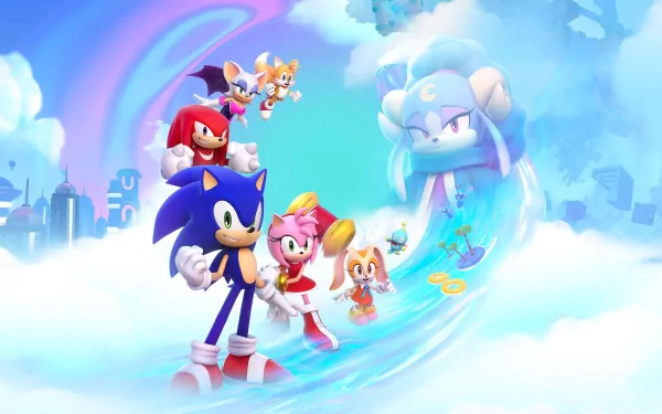 HD desktop wallpaper featuring characters from Sonic Dream Team, including Sonic, Knuckles, and Amy, set against a vibrant, cloud-filled background.