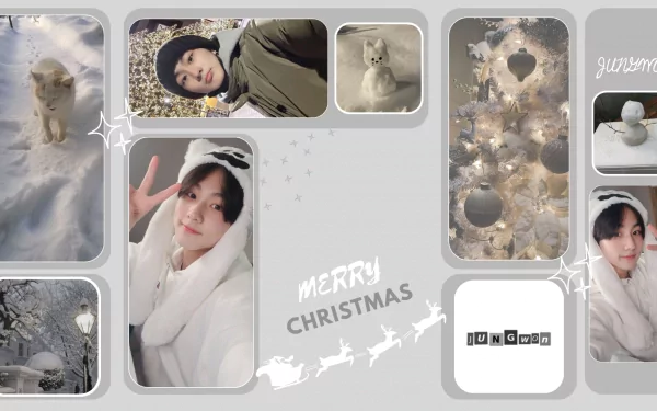 HD PC desktop wallpaper featuring ENHYPEN members with a winter and Christmas theme, blending festive imagery and music-inspired design elements.