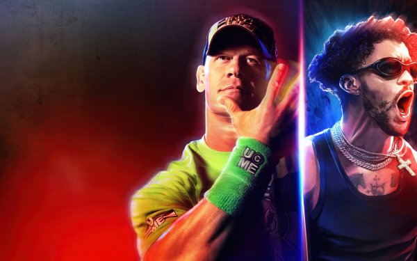 HD desktop wallpaper featuring WWE 2K23 icons with John Cena on the left and a vibrant portrait of Bad Bunny on the right, separated by a bold color divide.