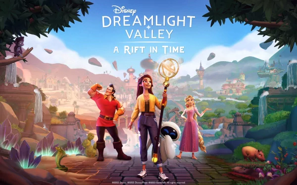 Disney Dreamlight Valley HD wallpaper featuring animated characters, a whimsical background design, and the game title 'A Rift in Time' for desktop background.