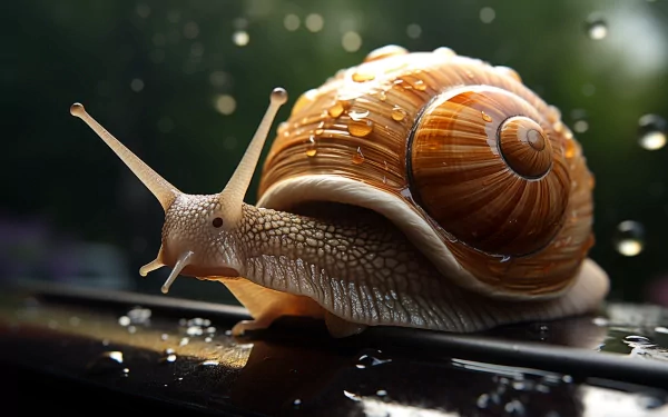 A close-up of a snail with a beautifully patterned shell, glistening with droplets of water, set against a blurred green background. This HD image serves as a stunning desktop wallpaper.
