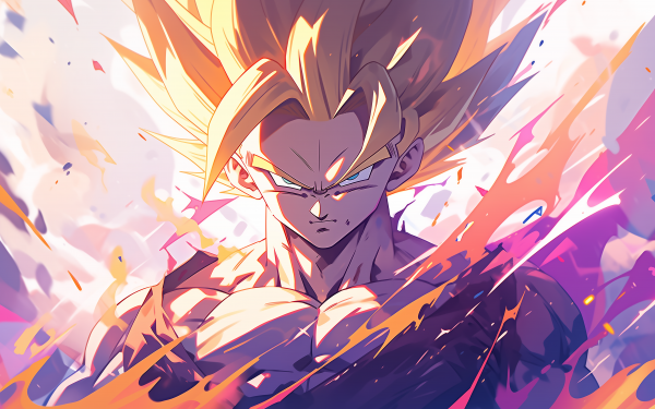 HD wallpaper featuring Gohan from Dragon Ball in Super Saiyan form with a dynamic, colorful background, ideal for a desktop wallpaper.