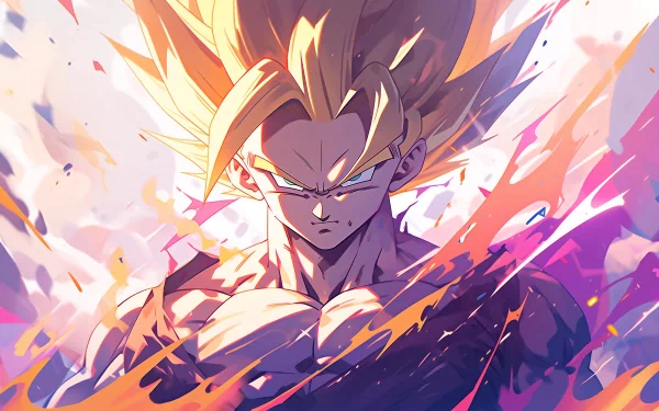 HD desktop wallpaper featuring Gohan from Dragon Ball, poised for battle amidst dynamic, colorful energy bursts.