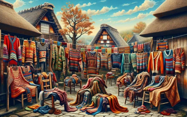 HD wallpaper featuring a vibrant display of ugly sweaters hanging in a rustic outdoor setting.