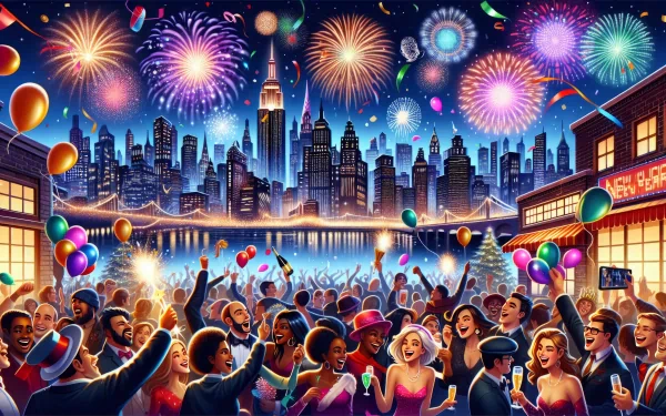 Vibrant New Year's Eve celebration HD wallpaper featuring fireworks over a city skyline with joyful crowds and floating balloons.