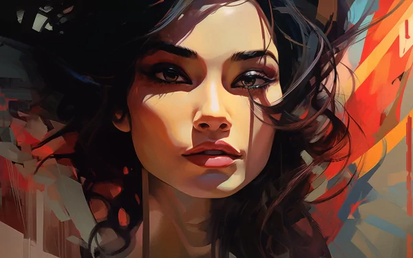 HD modern art desktop wallpaper featuring a stylized portrait of a woman with vibrant colors and abstract elements.
