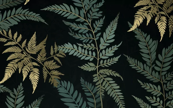A stunning HD wallpaper featuring a variety of ferns in shades of green and gold against a dark background, showcasing the beauty of nature.