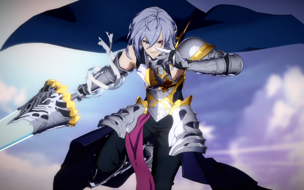 Granblue Fantasy Versus: Rising HD wallpaper featuring a dynamic pose of a silver-haired anime character with golden armor and gauntlets against a sky backdrop.