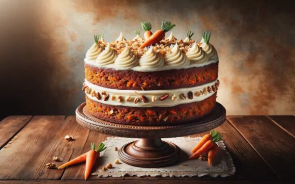 A beautifully decorated carrot cake with cream cheese frosting and garnished with mini carrots sits on an elegant cake stand, set against a warm, softly lit background.