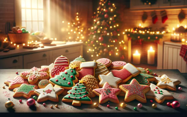 A festive arrangement of beautifully decorated holiday cookies, with twinkling lights and a cozy kitchen backdrop, creates a warm and inviting desktop wallpaper.