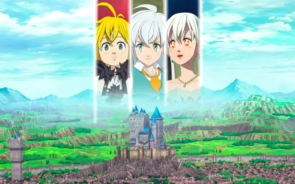 HD desktop wallpaper featuring characters from The Seven Deadly Sins: Grudge of Edinburgh with scenic backdrop.