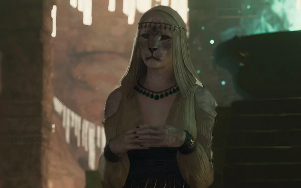 A stunning HD desktop wallpaper from Dragon's Dogma 2, featuring a mystical character with feline features, adorned in elegant jewelry, set against an enchanting fantasy backdrop.