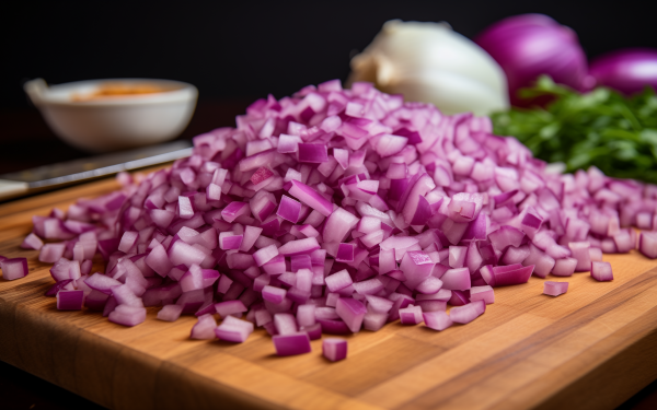 Close-up HD wallpaper of diced red onion on a wooden cutting board, with uncut onions and herbs in the background, perfect for a culinary-themed desktop background.