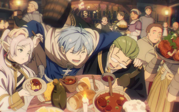 A lively feast scene from Frieren: Beyond Journey's End anime, showcasing characters enjoying food in warm, detailed 4K Ultra HD background style.