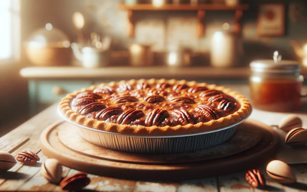 HD wallpaper of a freshly baked pecan pie on a wooden table with a cozy kitchen background.