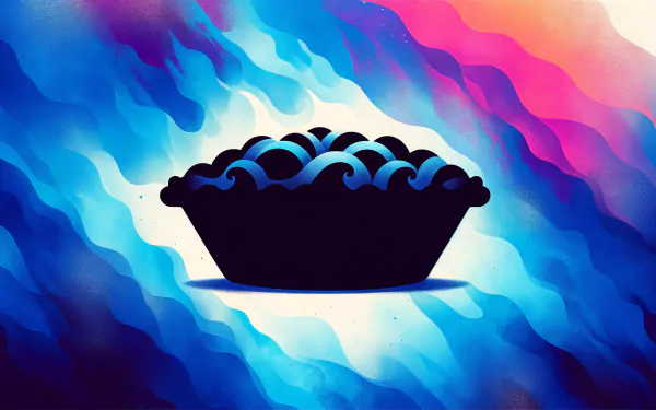 A vibrant HD desktop wallpaper featuring a stylized blueberry pie against a swirling blue and pink background, evoking a modern and artistic feel.