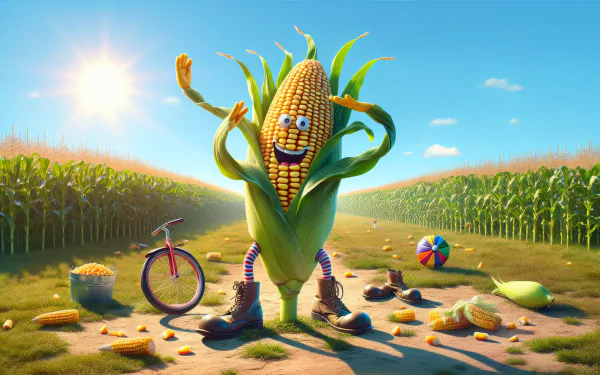 A cheerful animated cornstalk character strikes a playful pose in a sunny cornfield, surrounded by vibrant colors and playful props, creating a lively HD desktop wallpaper.