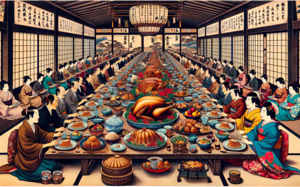 HD desktop wallpaper featuring a traditional feast with elegantly dressed individuals in a detailed banquet hall setting.