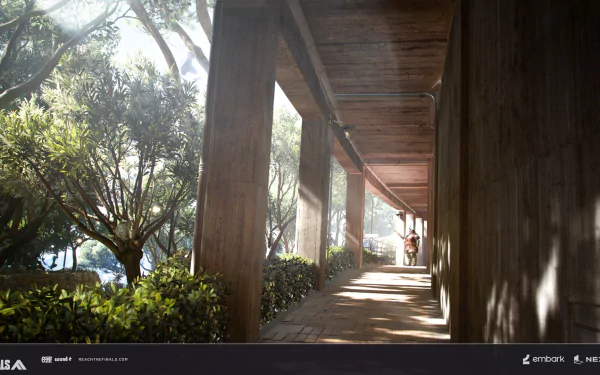 HD desktop wallpaper from the video game 'The Finals' featuring a serene corridor with sunlight filtering through the trees.