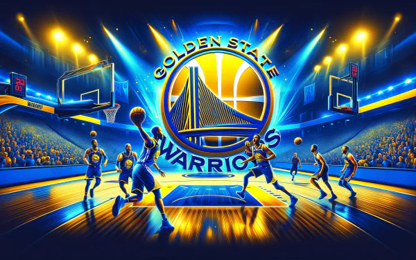 HD desktop wallpaper featuring the Golden State Warriors logo and animated players in action on a vibrant basketball court.
