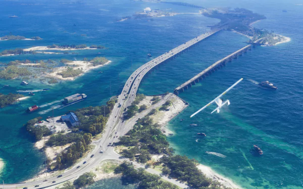HD Wallpaper of Grand Theft Auto VI featuring aerial view of bridge and island with plane flying over picturesque landscape for desktop background.