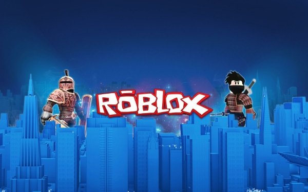 HD Roblox desktop wallpaper featuring two avatars poised for adventure amid a stylized blue cityscape with the bold Roblox logo in the center.