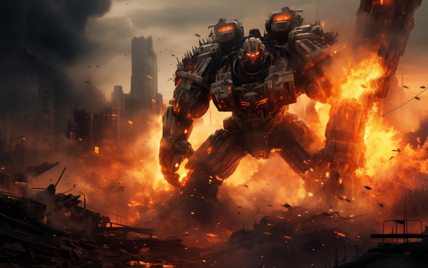 Mecha robot in apocalyptic setting HD wallpaper with fiery explosions and city ruins background.