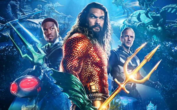 HD wallpaper featuring characters from Aquaman and The Lost Kingdom, showcasing the hero in vibrant costume with a trident, accompanied by allies, against a backdrop of underwater action.