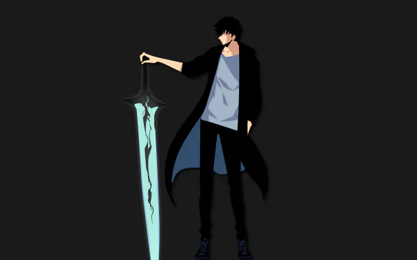 HD desktop wallpaper featuring Sung Jin-Woo from Solo Leveling anime, depicted with a glowing sword on a dark background.