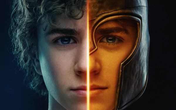 HD PC desktop wallpaper featuring a split portrait of Percy Jackson from the TV show Percy Jackson and the Olympians, half in modern look and half in ancient warrior helmet.