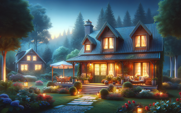 Cozy house illuminated at twilight with warm lights, surrounded by a serene garden, perfect for a HD desktop wallpaper and background.