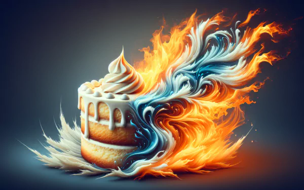 HD desktop wallpaper featuring an artistic vanilla cake with a dynamic fire and ice design.