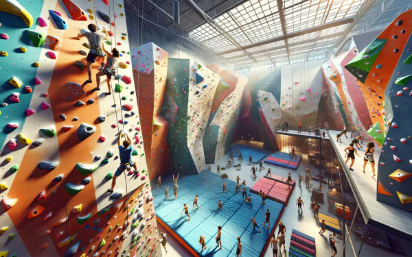 Vibrant HD desktop wallpaper featuring a bustling indoor climbing gym with colorful climbing walls and people enjoying the activity.