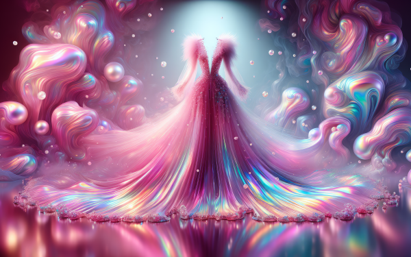 Ethereal HD desktop wallpaper featuring an artistic representation of a flowing pink dress amidst a colorful, dreamlike background.