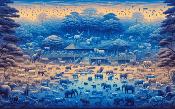 HD desktop wallpaper featuring a stylized blue zoo with various animals and trees, exuding a serene, dreamlike ambiance.
