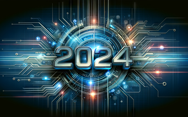 HD desktop wallpaper featuring futuristic circuit board design with glowing 2024 numerals for technology-themed background.