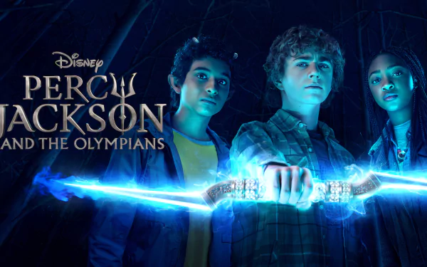 HD Desktop Wallpaper of 'Percy Jackson and the Olympians' TV Show featuring three young heroes with mystical energy emanating from a sword.