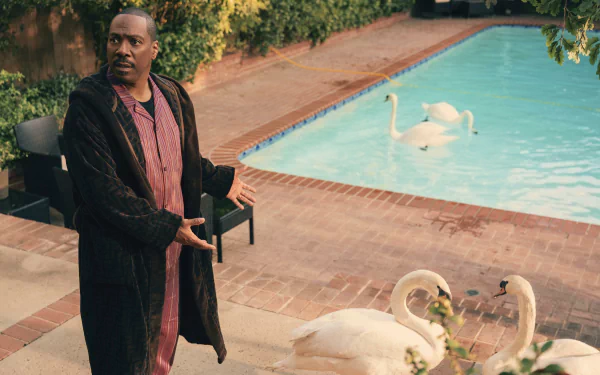 A man in a robe standing by a swimming pool with floating and standing swan decorations, related to the movie Candy Cane Lane—a high-definition desktop wallpaper.