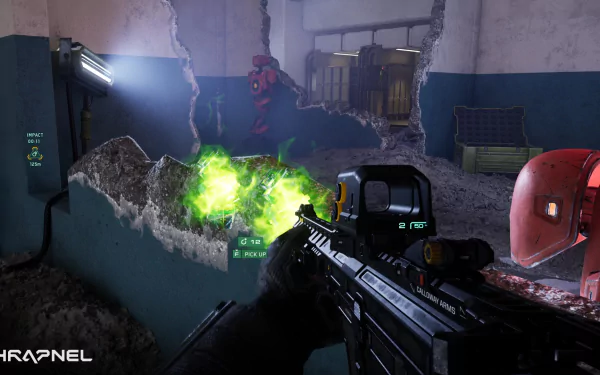HD wallpaper featuring a first-person perspective from the video game Shrapnel, with a player holding a gun aimed at a glowing green object amidst a gritty industrial setting.