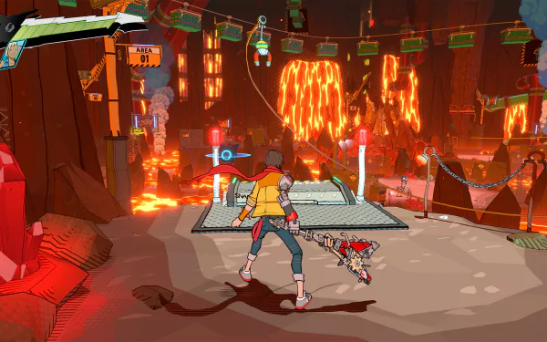 HD wallpaper of Hi-Fi Rush video game with a character exploring an industrial, lava-filled environment.