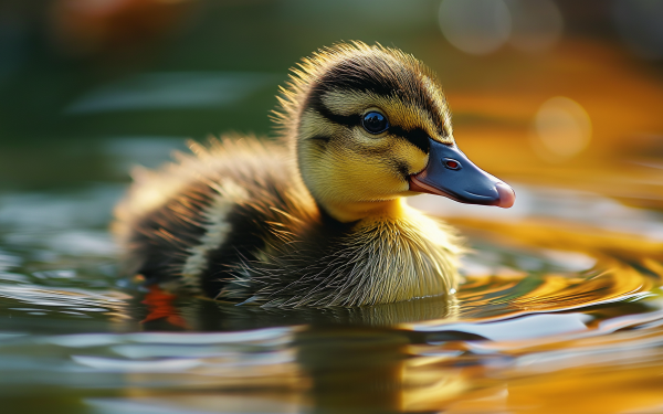 HD Wallpaper of a duckling swimming in water with golden light reflections, perfect for desktop background.