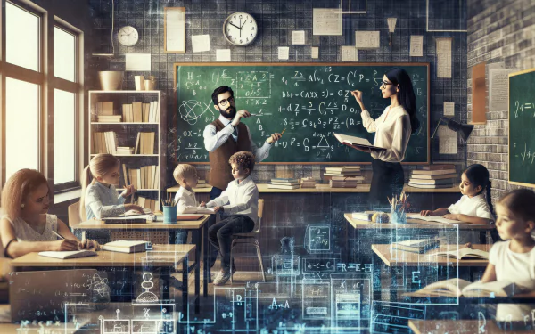 HD wallpaper featuring a classroom scene with a teacher at the blackboard and students at their desks, conveying an engaging educational environment.