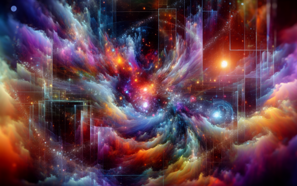 HD Sci-Fi desktop wallpaper featuring a vibrant cosmic explosion with nebulous clouds and futuristic elements.