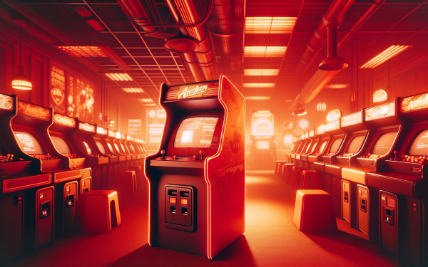 Retro arcade room with rows of arcade machines in neon lighting, ideal for HD desktop wallpaper and gaming background.