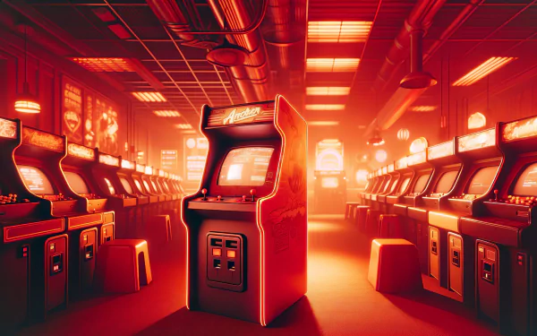HD desktop wallpaper featuring a vibrant arcade room with rows of arcade machines bathed in a warm, neon glow.